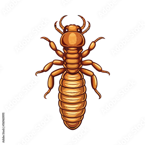 A detailed vector illustration of a termite with visible antennae, legs, and segmented body. The termite is depicted on a wooden surface.