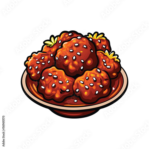 Vector illustration of crispy sesame chicken with a sticky glaze, in a bowl.