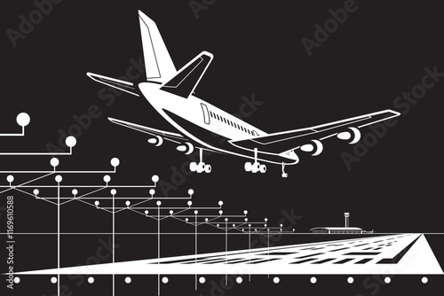 Passenger airplane  landing on airport by night – vector illustration