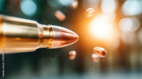 An artistic representation of bullets in motion against a stunning blurred background, capturing a sense of speed and dynamic energy in a dramatic way. photo