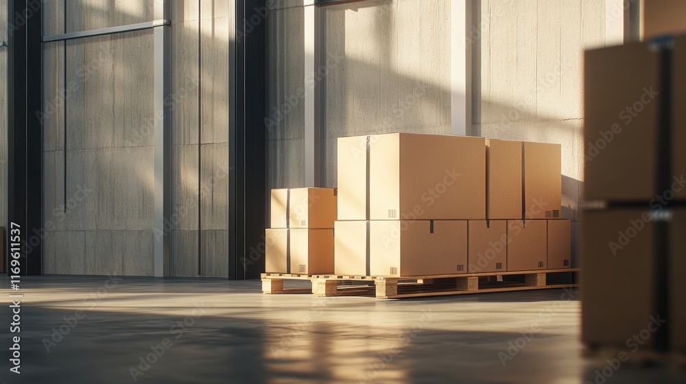 Sunlit Warehouse: Cardboard Boxes on Pallet Sunlit Warehouse: Cardboard Boxes on Pallet