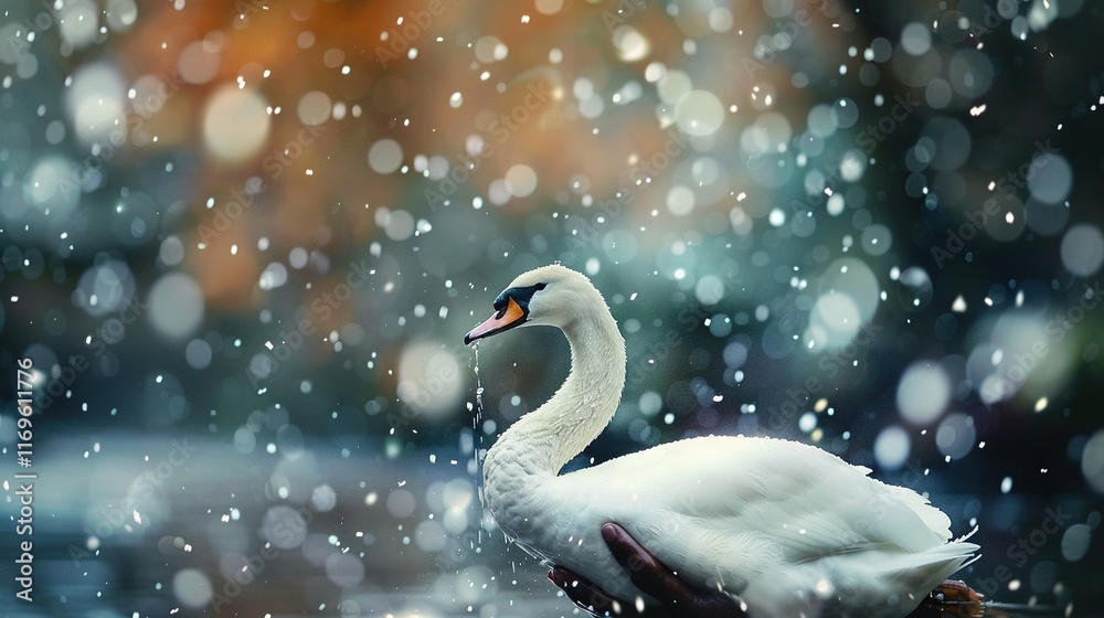 Fototapeta premium A white swan perched on water during rain, its head angled