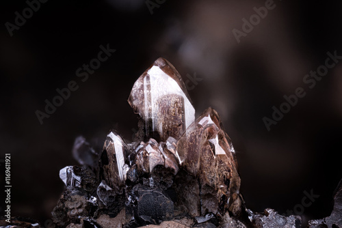 Adamite brown crystals with goethite. Specimen from Ojuela Mine, Mapimi, Durango, Mexico. Micro photography extreme close-up. microscope mineral crystal photography for Scientific use.
 photo