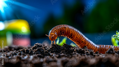 Close-up of millipede in soil at night. photo