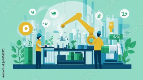 Automated factory workers tend plants; sustainable technology.