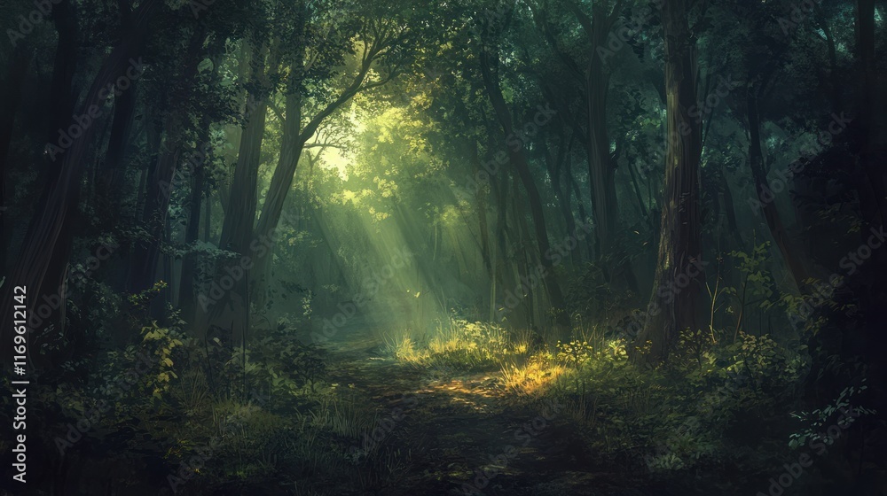 Obraz premium Sunlit Path Through A Deep Dark Forest