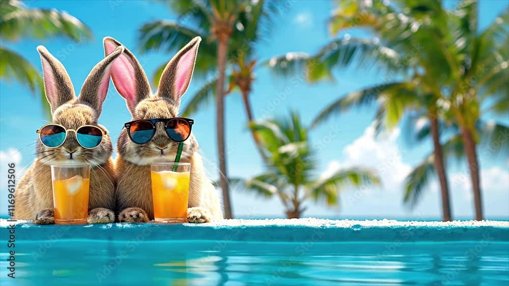 Easter bunnies by poolside, wearing sunglasses and enjoying drinks under palm trees. Easter animation. Easter holidays, vacation, tropical Easter, summer theme, holiday leisure.