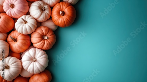 A vibrant collection of orange and white pumpkins arranged gracefully on a turquoise background, perfect for seasonal decor or autumn themes in photography. photo