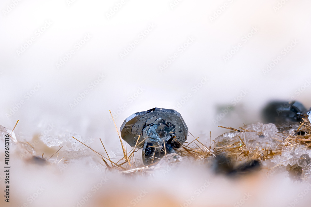 Fototapeta premium Hematite rose associated with rutile spike. Specimen from Iselle Quarry, Trasquera, Italy. Micro photography extreme close-up. microscope mineral crystal photography for Scientific use. 