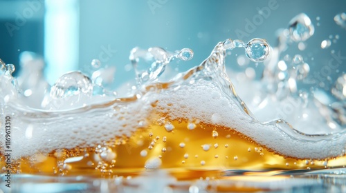 This artistic representation showcases the fluid waves of a carbonated beverage, emphasizing the play of light and bubbles that elicit feelings of refreshment and enjoyment.