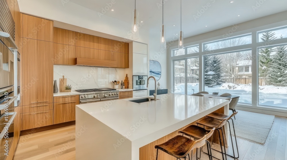 Fototapeta premium Modern Kitchen Island With Wooden Cabinets And Snowy View