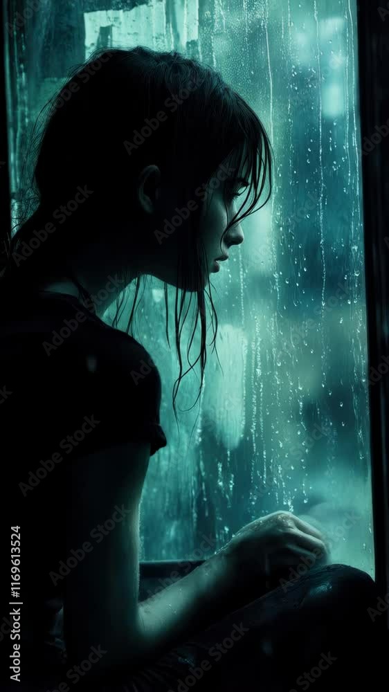 Sad woman at a window in the rain suffers from insomnia and depression. Atmosphere of frustration and loneliness. The concept of mental health. Vertical video Sad woman at a window in the rain suffers from insomnia and depression. Atmosphere of frustration and loneliness. The concept of mental health. Vertical video