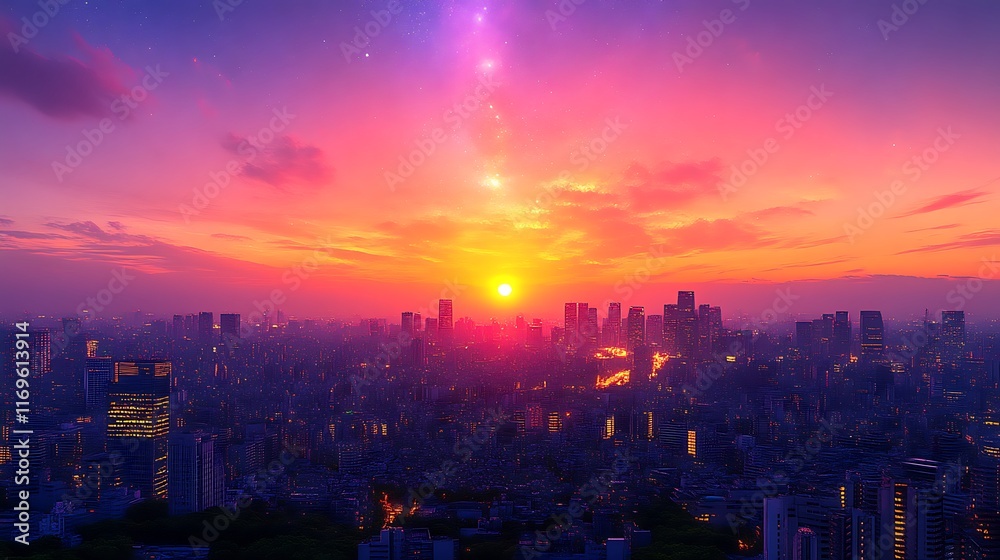 Vibrant sunset over city skyline. Vibrant sunset over city skyline.