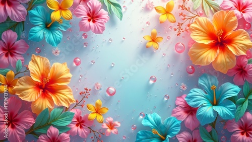 Vibrant Hibiscus and Plumeria Flowers with Water Droplets