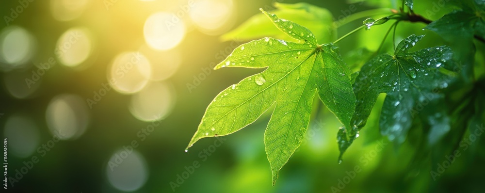 A Close-Up of Dew-Covered Green Leaves on a Tree Branch with Soft Bokeh Effect in the Background Illumined by Gentle Sunlight in a Serene Natural Setting A Close-Up of Dew-Covered Green Leaves on a Tree Branch with Soft Bokeh Effect in the Background Illumined by Gentle Sunlight in a Serene Natural Setting