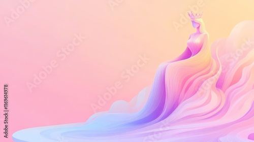 Majestic queen with crown sitting on colorful abstract throne, a symbol of power and femininity