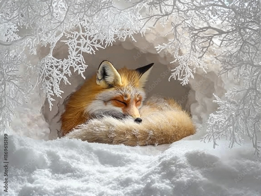 Obraz premium Red fox curled up in snowy burrow under frosted branches.