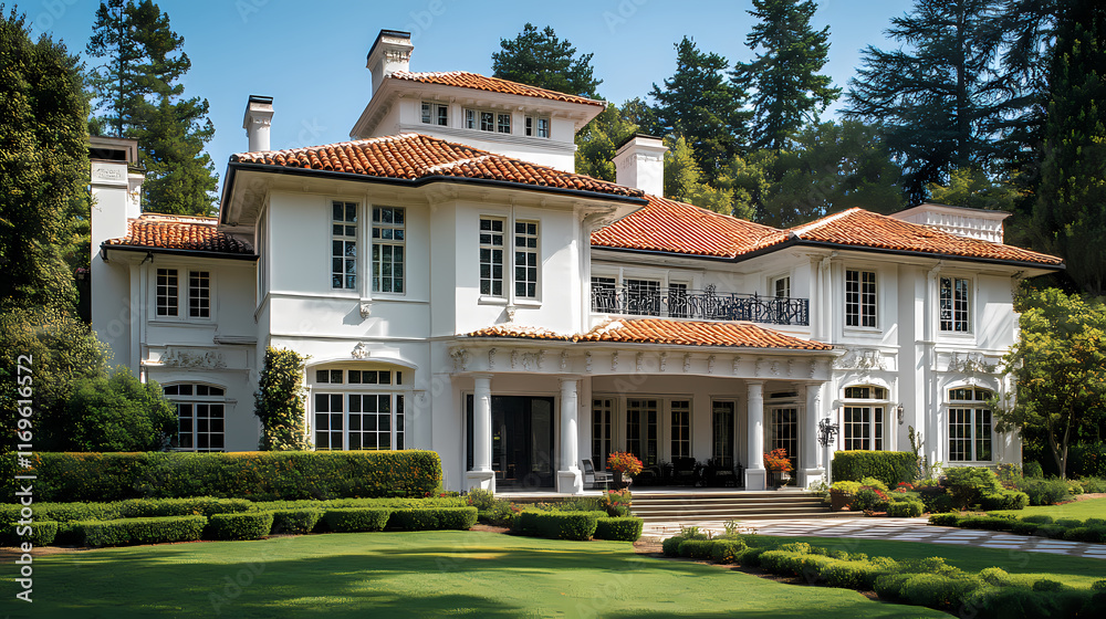 Fototapeta premium A large, white, mediterranean-style mansion with a tiled roof and manicured landscaping. Wroughtiron. Illustration