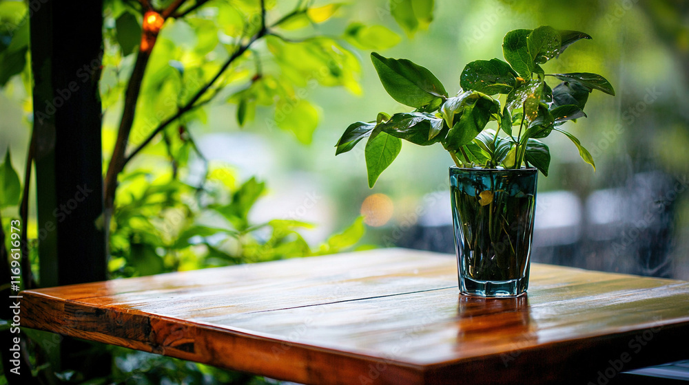 Φωτογραφία A potted plant sits on top of a wooden table, near a glass of water on another