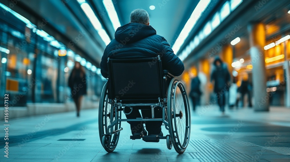 Obraz premium Person wheelchair indoor transit blurred background.
