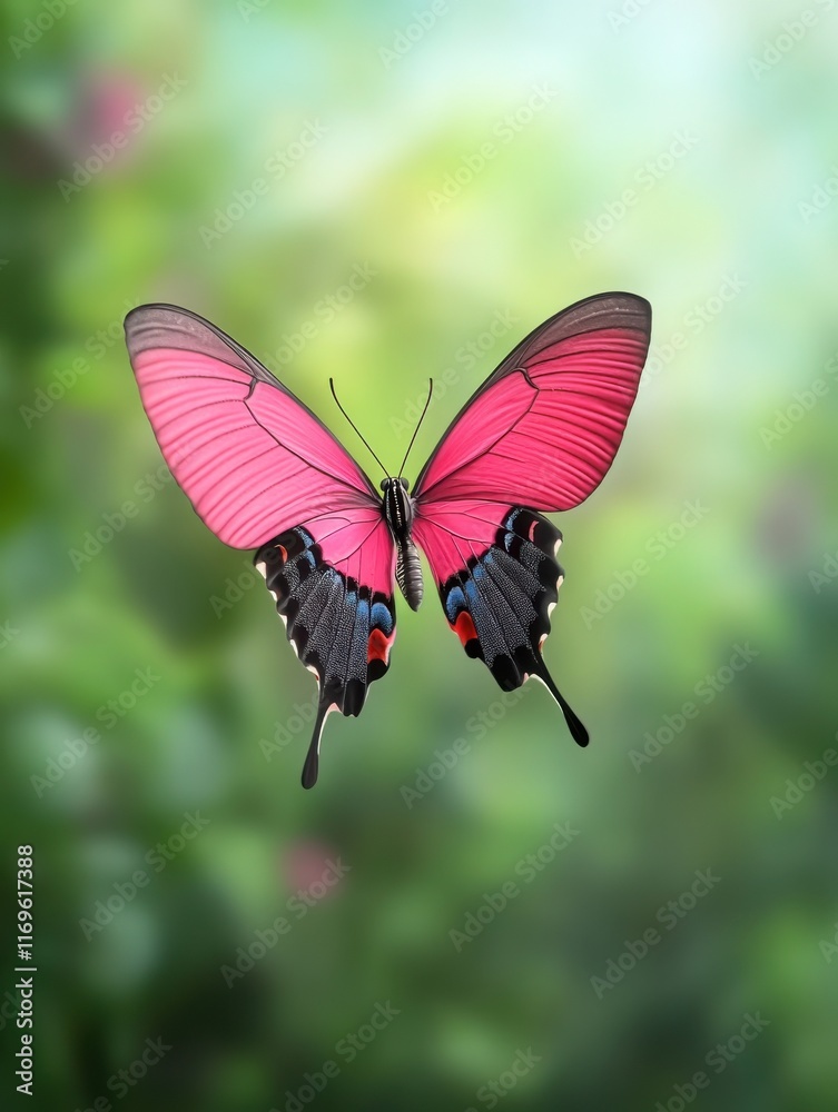 Vibrant pink butterfly fluttering in a lush garden during daylight hours Vibrant pink butterfly fluttering in a lush garden during daylight hours
