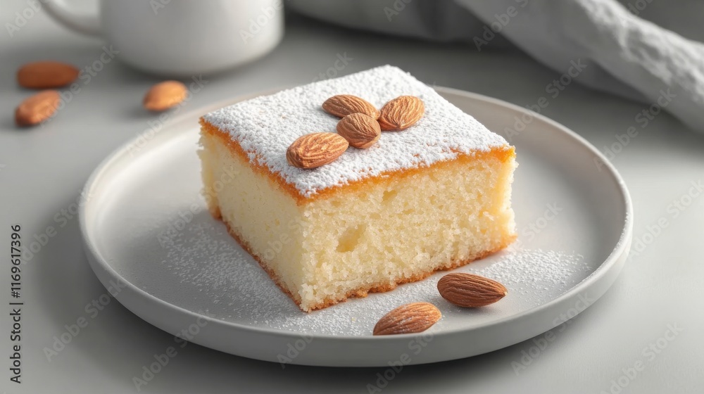 Delicious almond cake topped with powdered sugar and almonds on a light plate Delicious almond cake topped with powdered sugar and almonds on a light plate