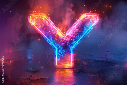 Letter Y - colorful glowing outline alphabet symbol on blue lens isolated white background photo