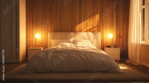 Serene Bedroom Design With Wooden Walls And Soft Lighting