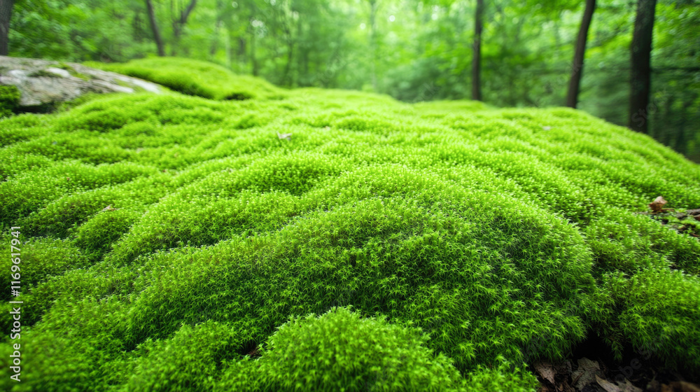 Lush green moss carpet in a verdant forest landscape with sunlit canopy Lush green moss carpet in a verdant forest landscape with sunlit canopy