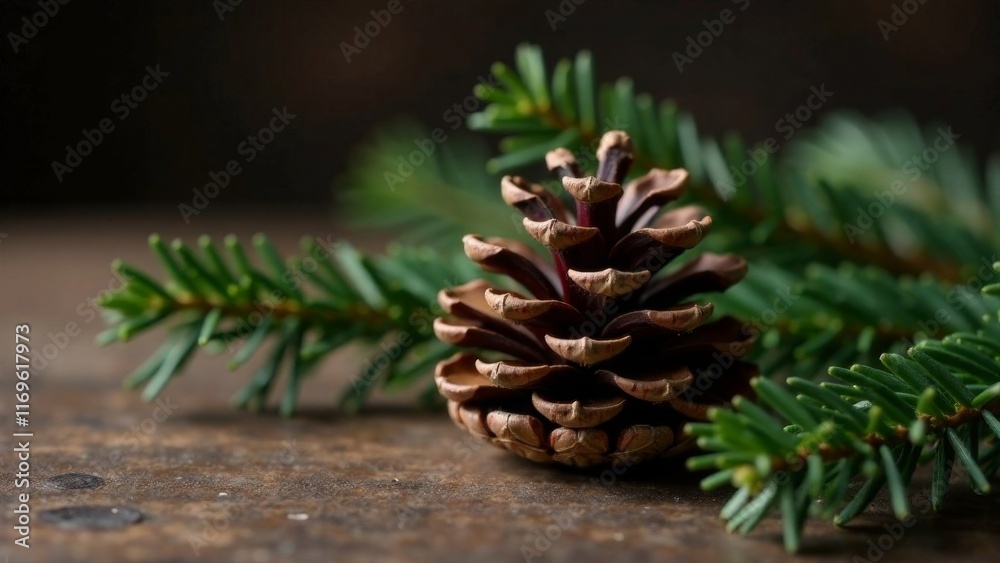 Fototapeta premium Christmas and New year background with A pine cone is sitting on a wooden surface next to a green leaf. The pine cone is brown and has a cone shape. The leaf is green and has a pointed tip. The scene 