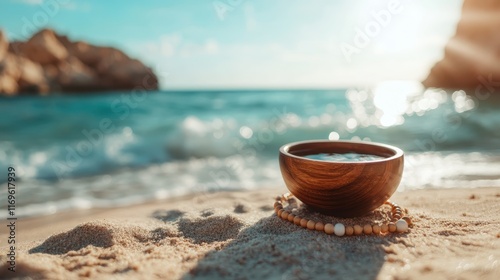 An enchanting image of a wooden bowl resting on sandy beach, with soothing ocean waves and a radiant sunset, creating a magical atmosphere. photo