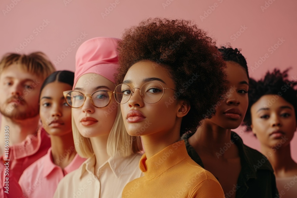 Fototapeta premium Diverse women and men pose against pink backdrop.