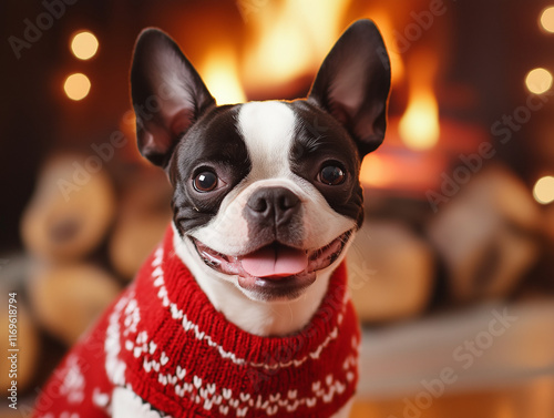 Happy Boston Terrier in a red sweater by a cozy fireplace. photo