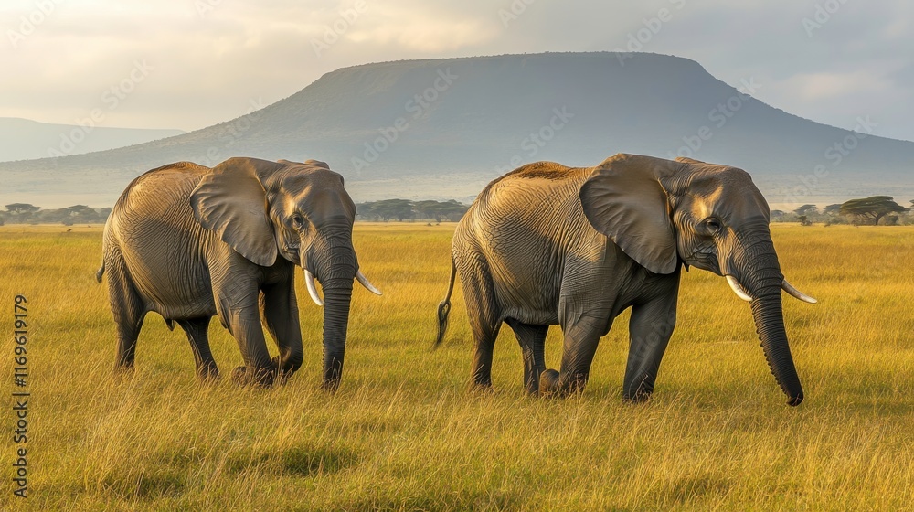 Fototapeta premium Elephants Walking on Grassy Plain Near Rocky Outcrop
