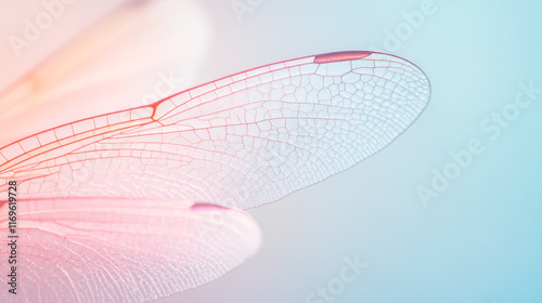Delicate close-up of translucent dragonfly wings against pastel background