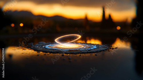 Glowing spiral energy over water at sunset.