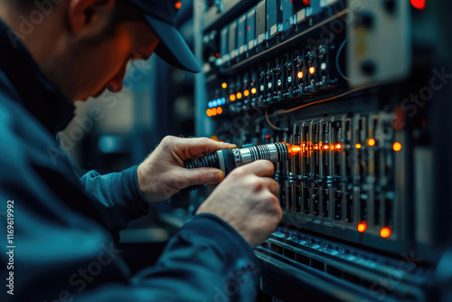 A technician meticulously works on intricate server hardware, troubleshooting and maintaining complex systems. photo