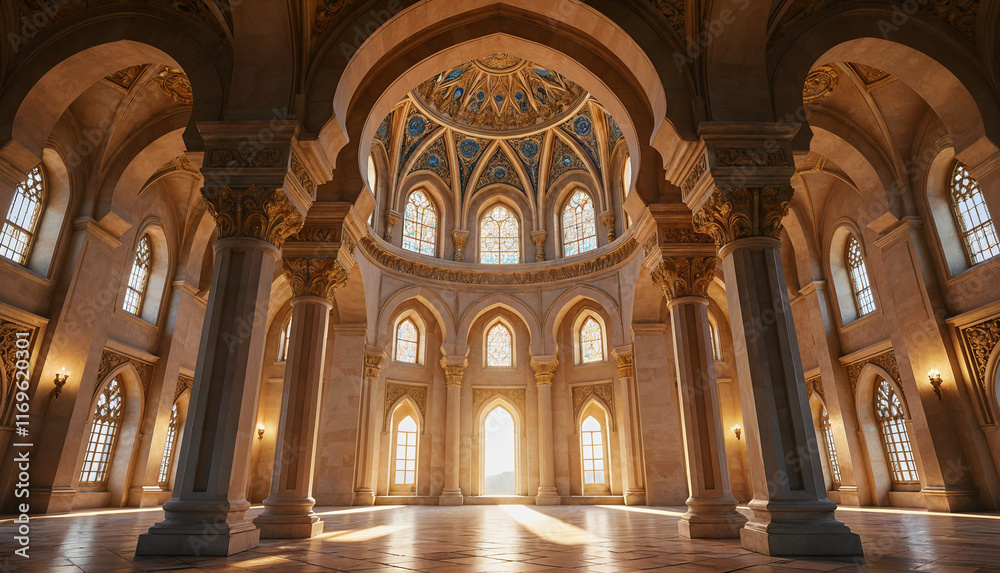 Fototapeta premium Sunlight from windows of mosque, nobody inside.