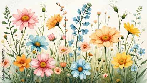Vibrant Watercolor Wildflowers Meadow Botanical Illustration