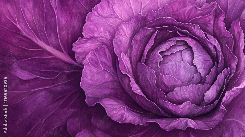 Close-up of vibrant purple cabbage with intricate patterns in natural light Close-up of vibrant purple cabbage with intricate patterns in natural light