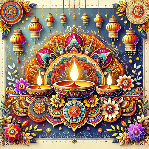 Happy Diwali festival with oil lamp, Rangoli decoration with Diya, Diwali holiday Background with rangoli, Diwali celebration greeting card,vector.
 photo