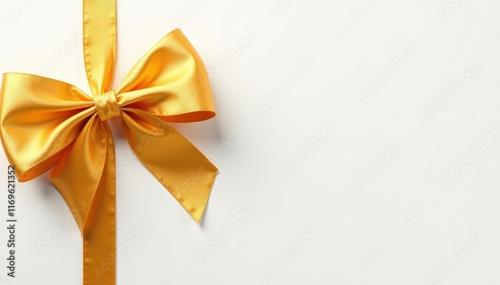 Elegant golden ribbon bow, pristine white backdrop, studio, white, gold Elegant golden ribbon bow, pristine white backdrop, studio, white, gold