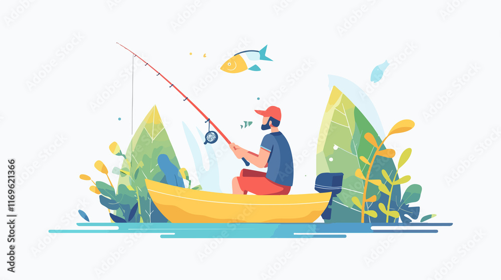 Relaxing Summertime Hobby: Man Fishing in Boat Relaxing Summertime Hobby: Man Fishing in Boat