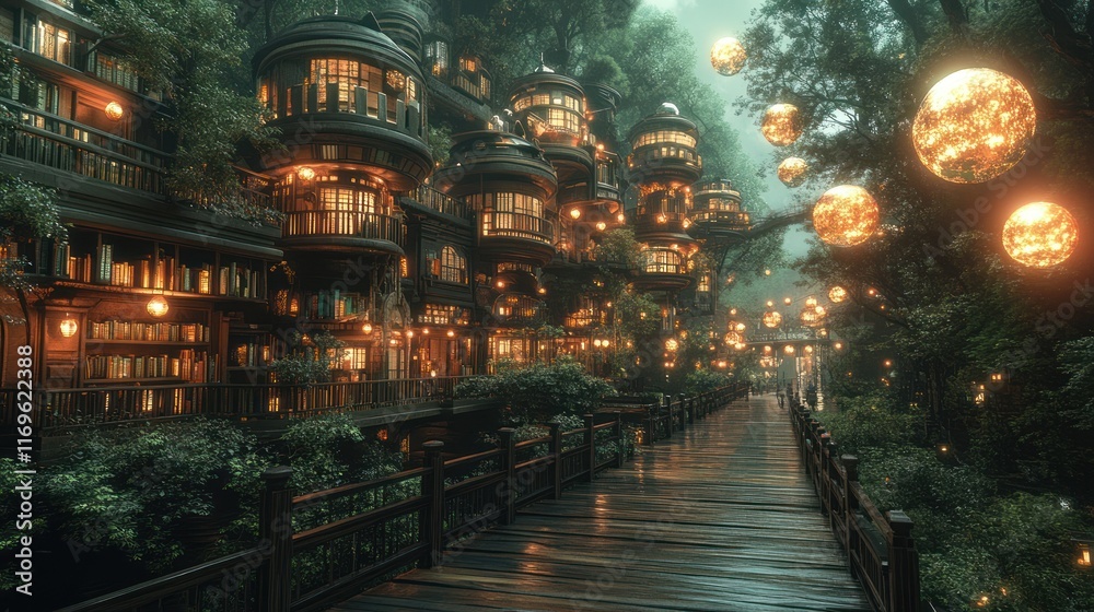 A mystical village with treehouses illuminated by glowing orbs in a lush forest setting. A mystical village with treehouses illuminated by glowing orbs in a lush forest setting.