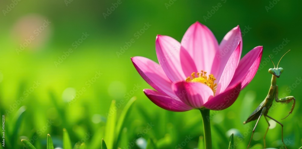 Petal pink flower surrounded by green grass with a praying mantis and garden rake, rake, herbe verte, insecte Petal pink flower surrounded by green grass with a praying mantis and garden rake, rake, herbe verte, insecte