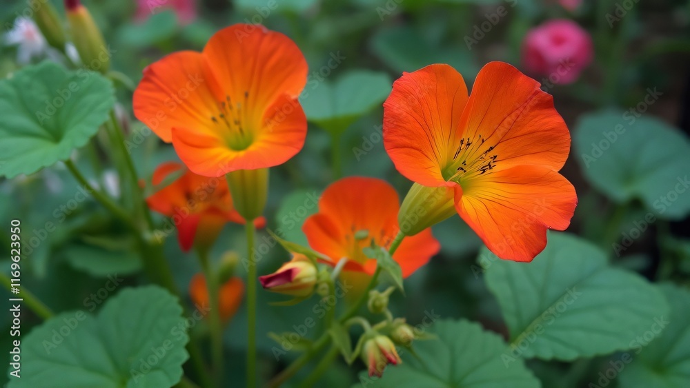 Vibrant Orange Nasturtium Flowers Blooming in Garden Vibrant Orange Nasturtium Flowers Blooming in Garden