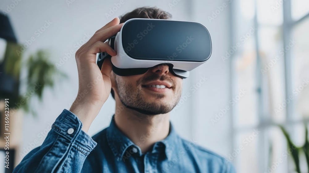 Man smiles, wearing virtual reality headset. Man smiles, wearing virtual reality headset.