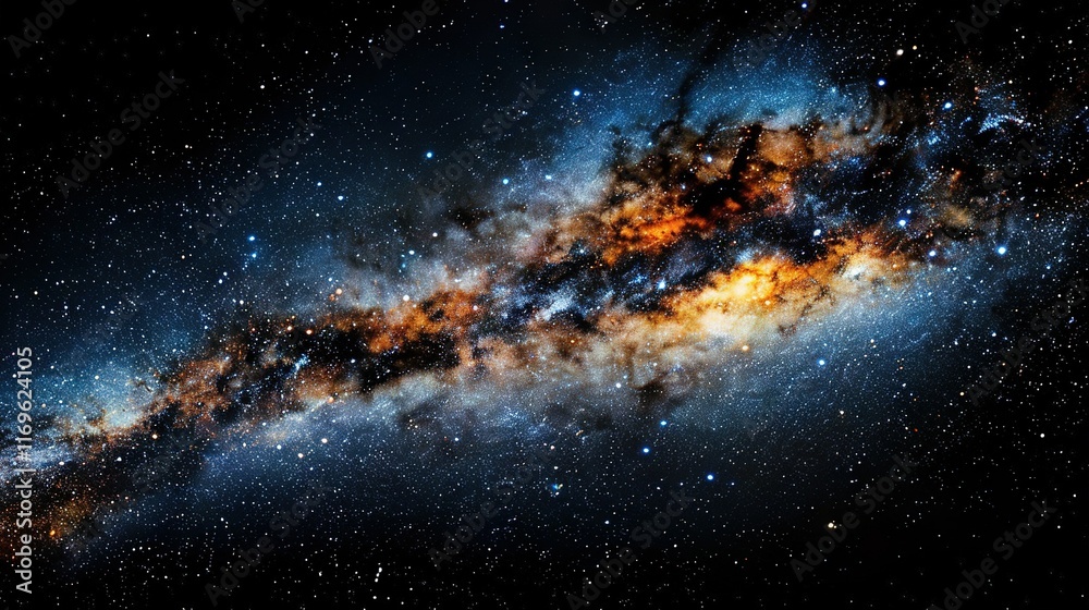 Fototapeta premium A close-up of a gigantic star illumining the center of the night sky with a brilliant orange and blue glow at its core