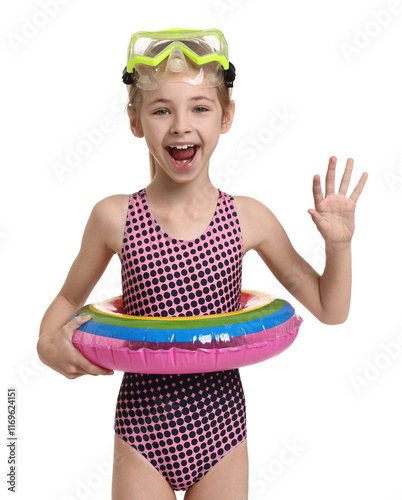 Happy girl in beachwear with diving mask and inflatable ring on white background photo