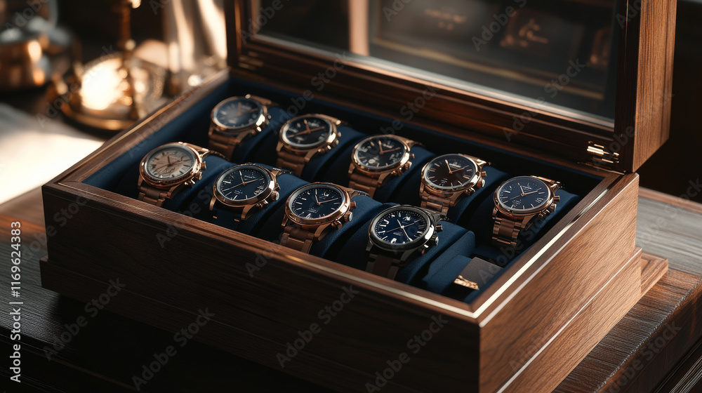 A stunning array of luxury watches is neatly arranged in a wooden display case. The room is softly illuminated, highlighting the intricate designs and craftsmanship of the timepieces A stunning array of luxury watches is neatly arranged in a wooden display case. The room is softly illuminated, highlighting the intricate designs and craftsmanship of the timepieces